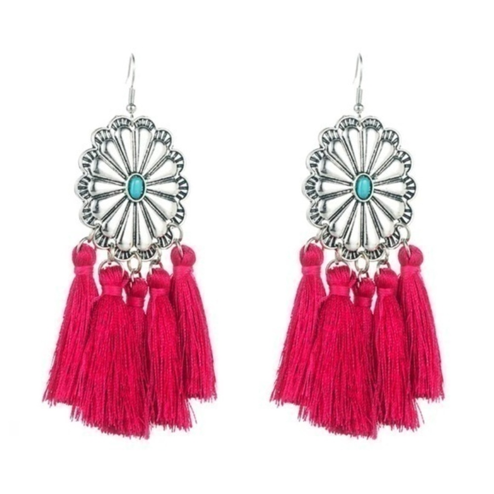 NEW Hot Barbie Western Rodeo Pink Tassel Fringe Faux Silver & Turquoise Earrings